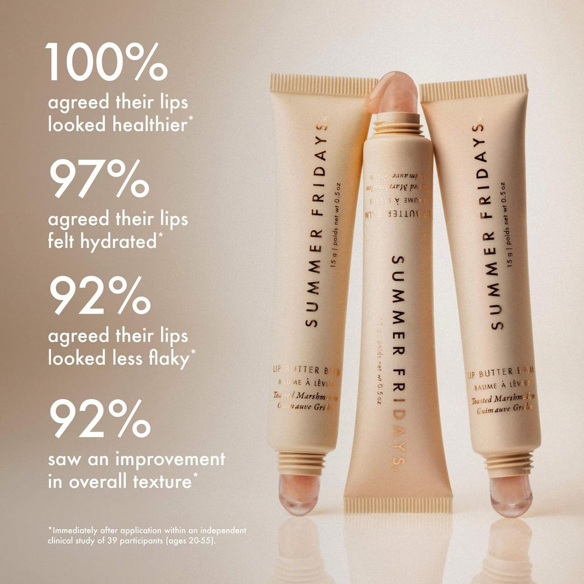 Summer Fridays balm worn on lips showing warm shimmer and hydrated look
