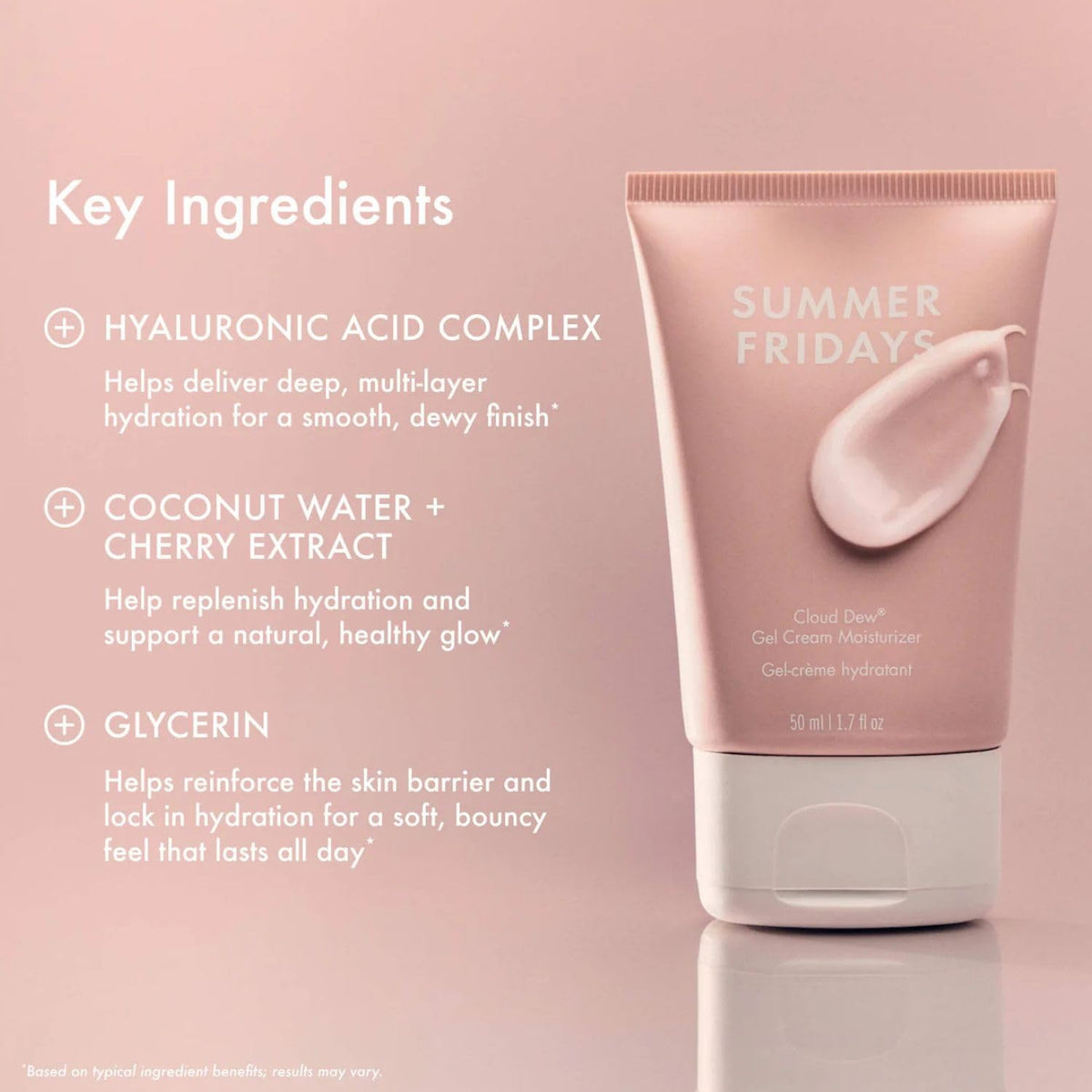 Summer Fridays ingredient visual featuring hyaluronic acid and coconut water benefits
