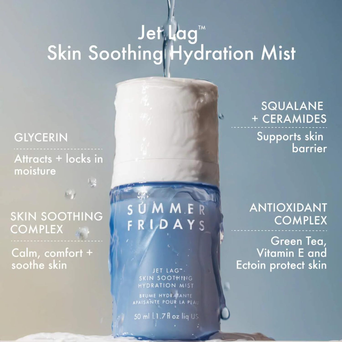 Summer Fridays mist spraying ultra-fine droplets for instant cooling hydration on skin