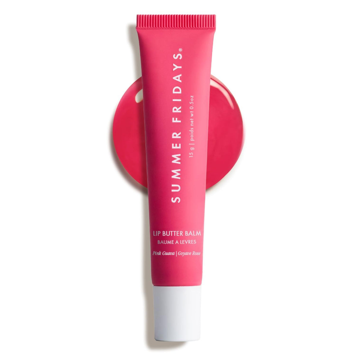 Summer Fridays front tube showing glossy pink balm and compact design benefit