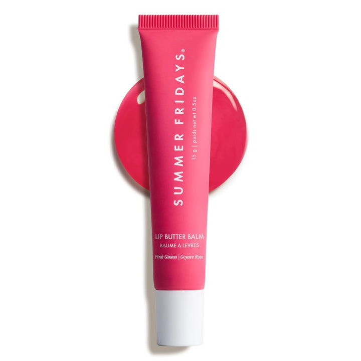 Summer Fridays front tube showing glossy pink balm and compact design benefit