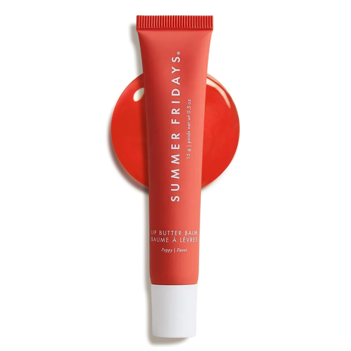 Summer Fridays tube front view showing glossy coral poppy tint and sleek packaging benefit