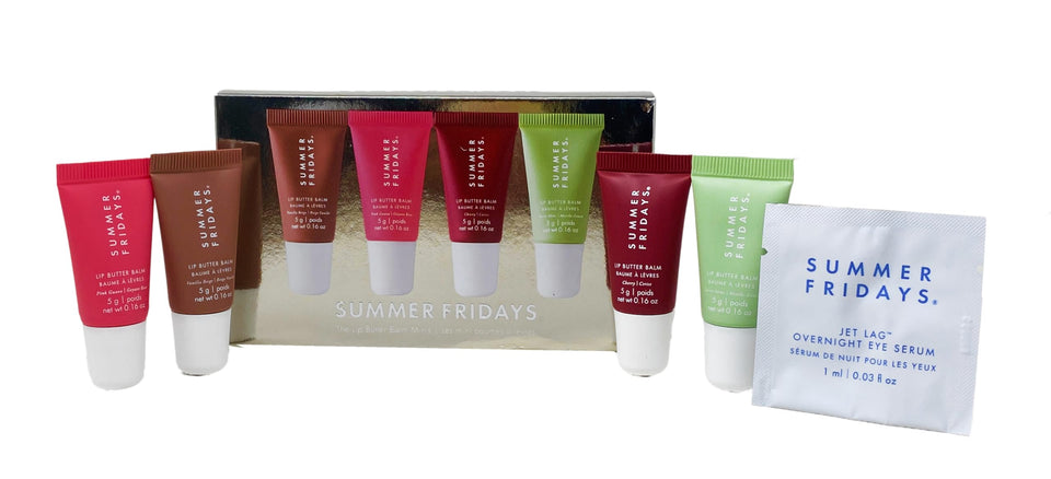 Summer Fridays front packaging of four mini balms showing colors and benefits