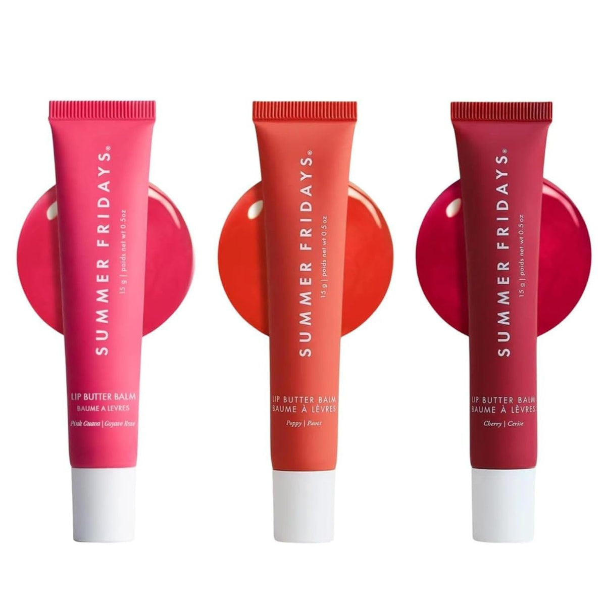 Summer Fridays front packaging showing three tinted lip balms and branding for easy selection