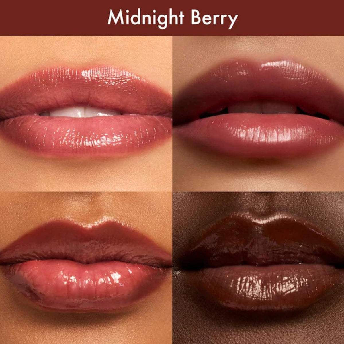 Summer Fridays lip closeup wearing Midnight Berry highlighting hydrated, tinted shine