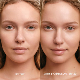 Summer Fridays ShadeDrops styled on bathroom counter with cleanser for morning routine