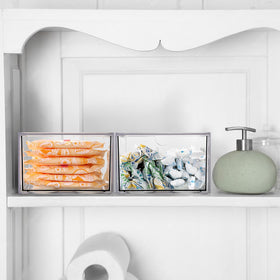 Sumnacon in bathroom lifestyle scene organizing countertop items