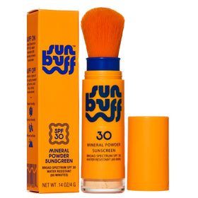 Sun Buff brush front packaging showing SPF 30 and travel-friendly design
