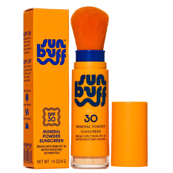 Sun Buff brush front packaging showing SPF 30 and travel-friendly design