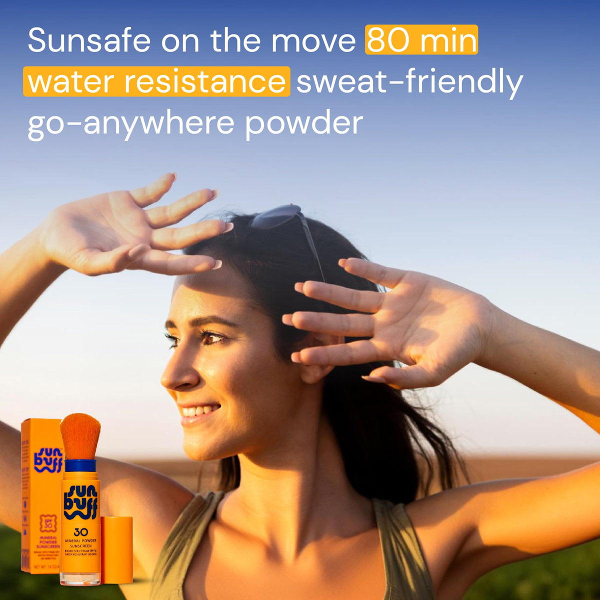 Sun Buff brush in beach bag among essentials for easy reapplication benefit