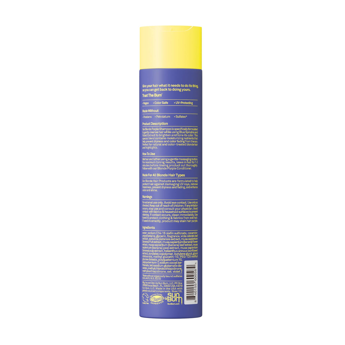 Sun Bum bottle outdoors on beach towel, protects blonde color from sun