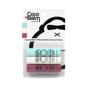 Sun Bum Cocobalm three-pack front view showing all three flavor tubes and convenience