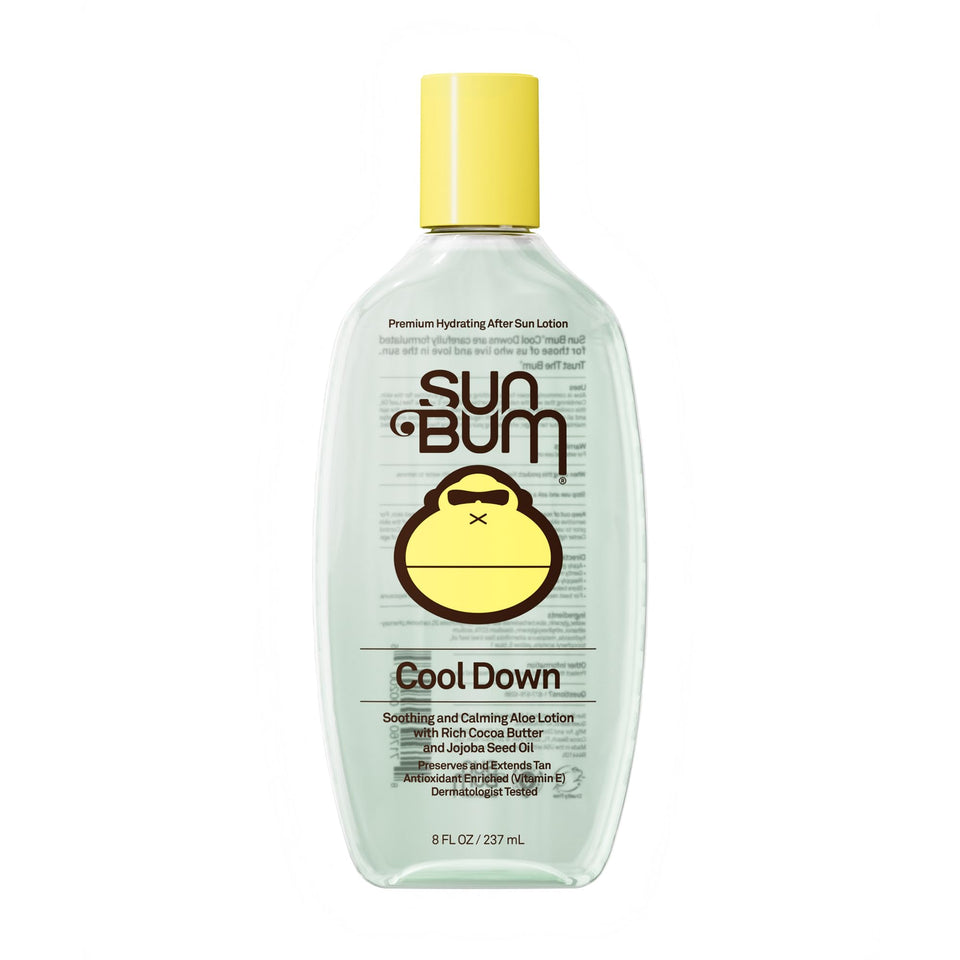 Sun Bum front packaging of Cool Down Aloe Gel showing brand and 8 oz size for quick relief