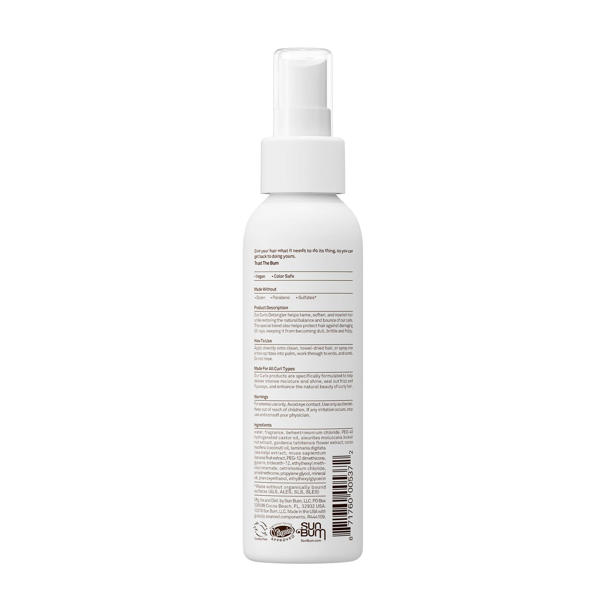 Sun Bum 4 oz detangler held next to hand to show compact size and convenient portability
