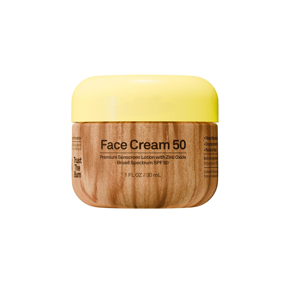 Sun Bum SPF 50 face cream front packaging showing travel-size tube and branding