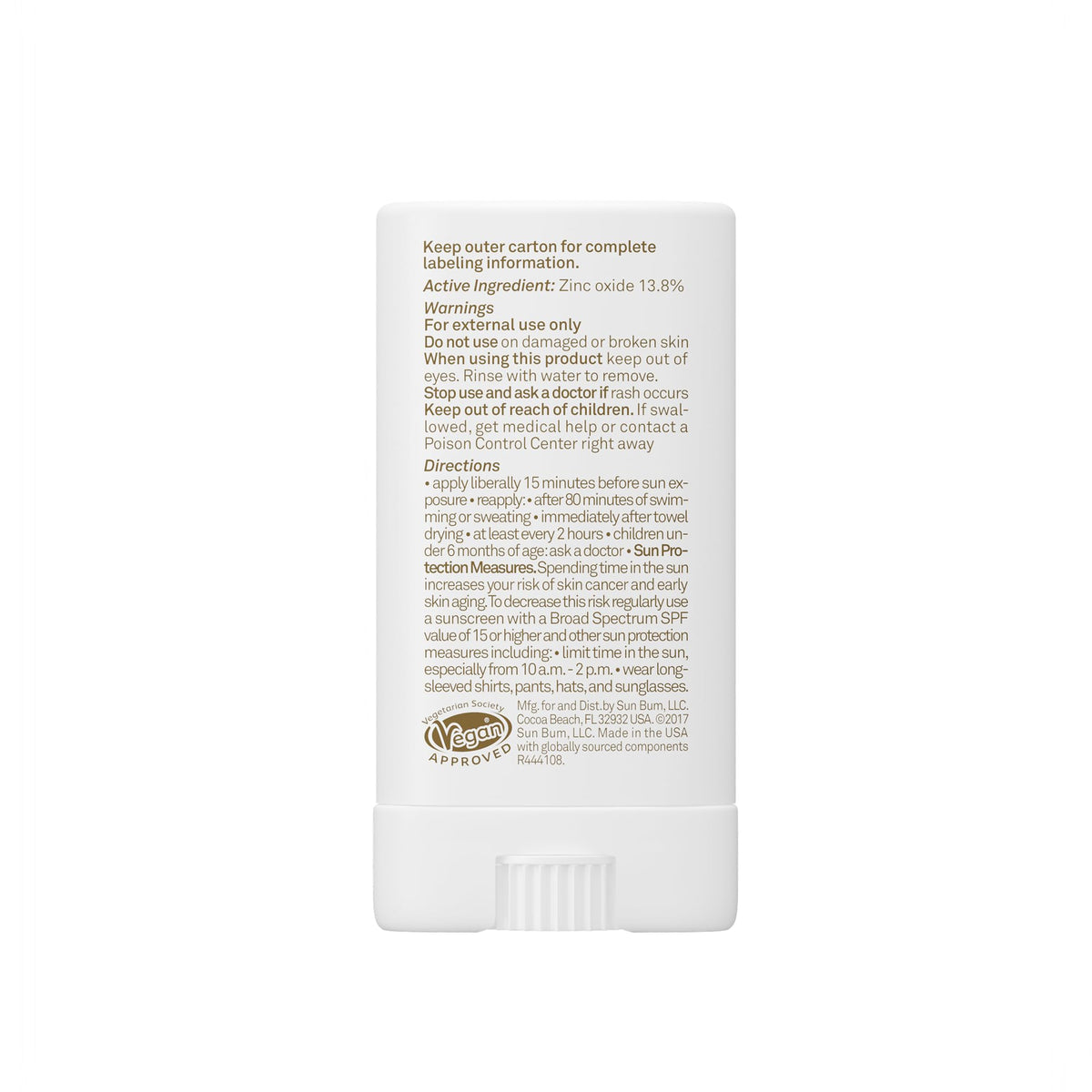 Sun Bum face stick label close-up highlighting zinc oxide and vitamin E