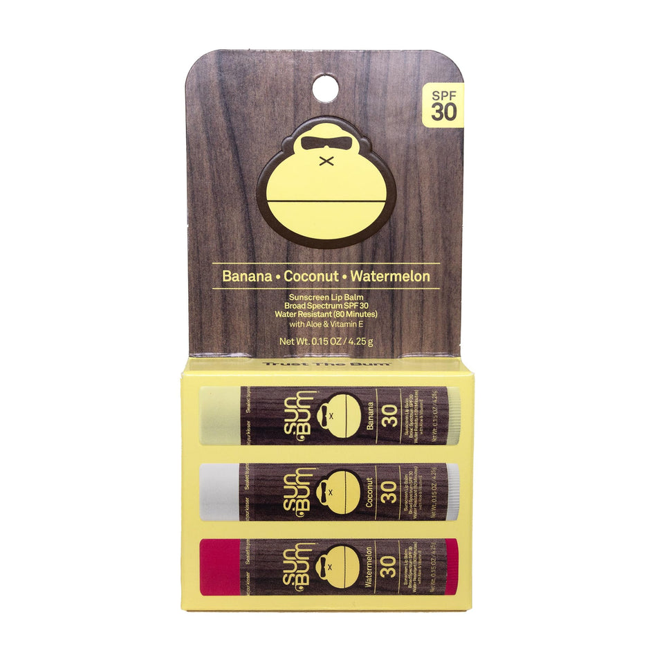 Sun Bum front packaging showing three flavor sticks and SPF protection benefit