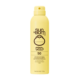 Sun Bum clear body spray front packaging showing SPF 50 and kid-friendly design