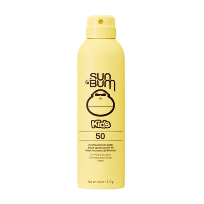 Sun Bum clear body spray front packaging showing SPF 50 and kid-friendly design