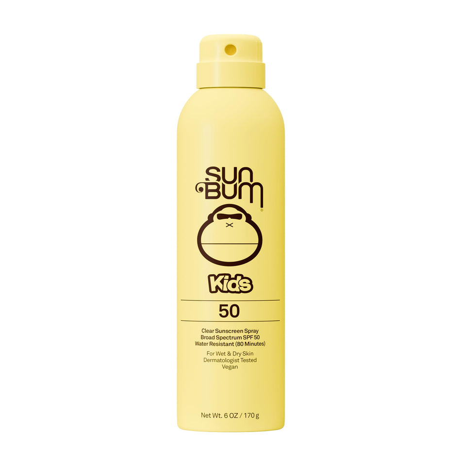 Sun Bum clear body spray front packaging showing SPF 50 and kid-friendly design