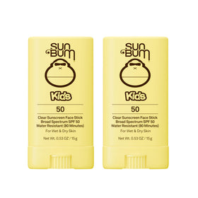 Sun Bum kids clear face stick front packaging showing SPF 50 protection and pack of two