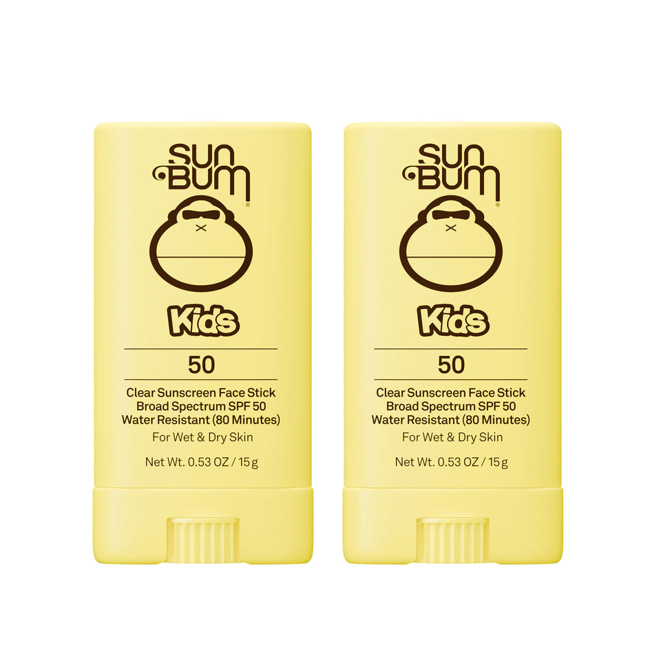 Sun Bum kids clear face stick front packaging showing SPF 50 protection and pack of two