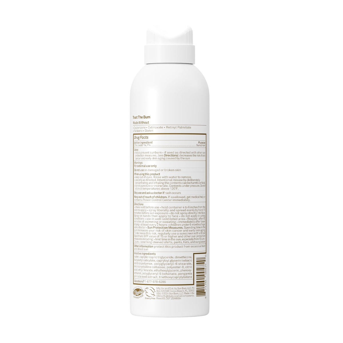 Sun Bum label close-up highlighting zinc oxide, vitamin E, and reef-friendly claim