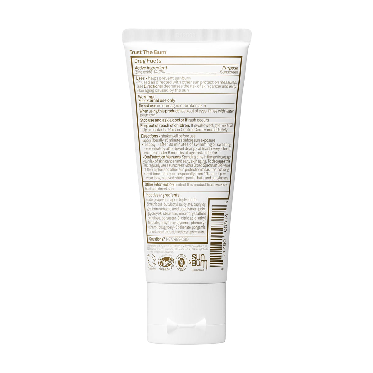 Sun Bum label and ingredients detail highlighting zinc oxide and reef-safe benefit