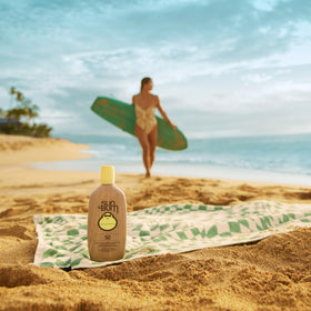 Sun Bum label close-up highlighting Vitamin E and reef-aware ingredients