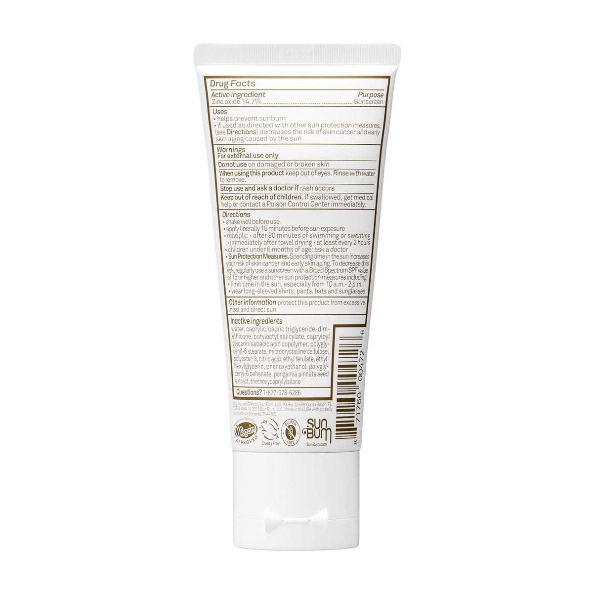 Sun Bum product label highlighting reef-friendly and ingredient claims