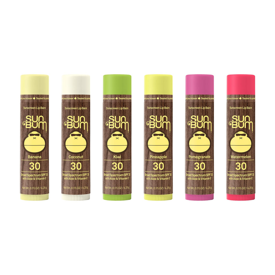 Sun Bum front packaging showing six SPF 30 lip balm sticks for easy protection