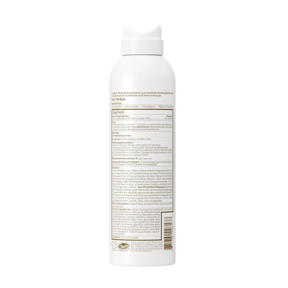 Sun Bum product label highlighting zinc oxide and vitamin E for moisturizing benefit