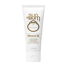 Sun Bum front packaging showing SPF 30 mineral lotion and travel size benefit