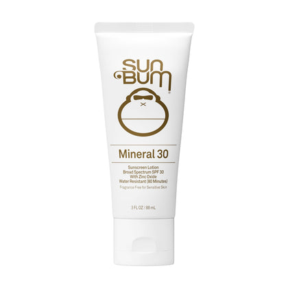 Sun Bum front packaging showing SPF 30 mineral lotion and travel size benefit