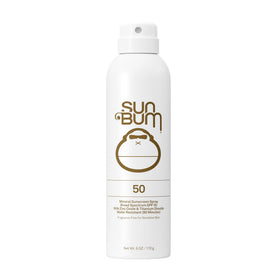 Sun Bum front packaging of SPF 50 mineral spray showing protection and matte finish