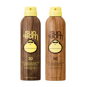 Sun Bum front packaging showing SPF 30 and SPF 50 bottles and benefits