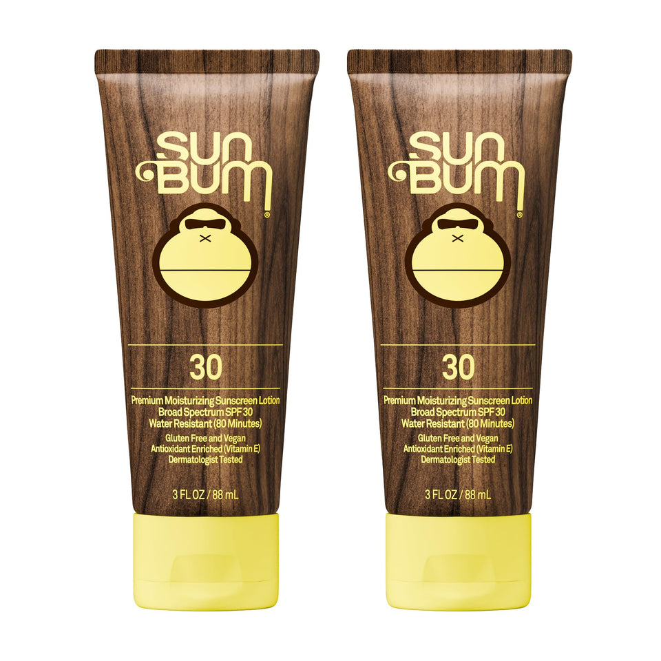 Sun Bum front packaging showing SPF 30 and pack of two, travel-ready protection