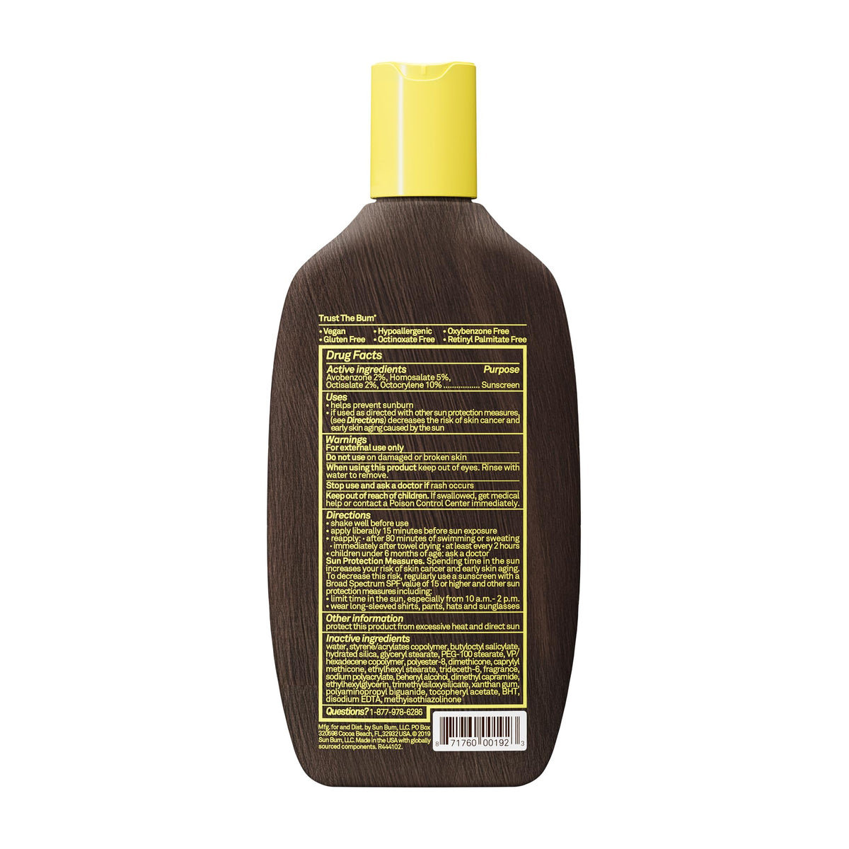Sun Bum label close-up highlighting ingredients and Hawaii 104 compliance