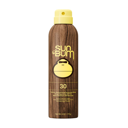 Sun Bum front packaging of SPF 30 spray showing label and size for easy identification and quick protection