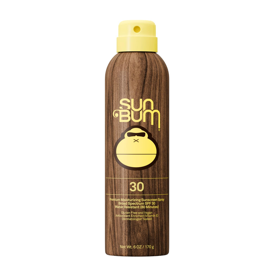 Sun Bum front packaging of SPF 30 spray showing label and size for easy identification and quick protection