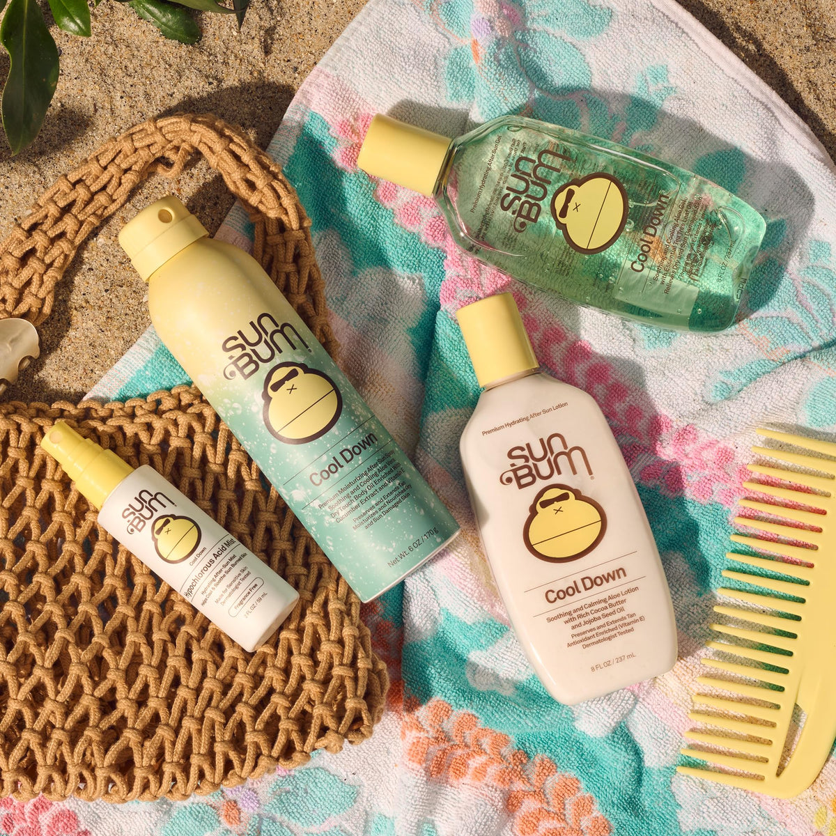 Sun Bum 8 oz bottle beside a palm leaf for clear size and portability benefit