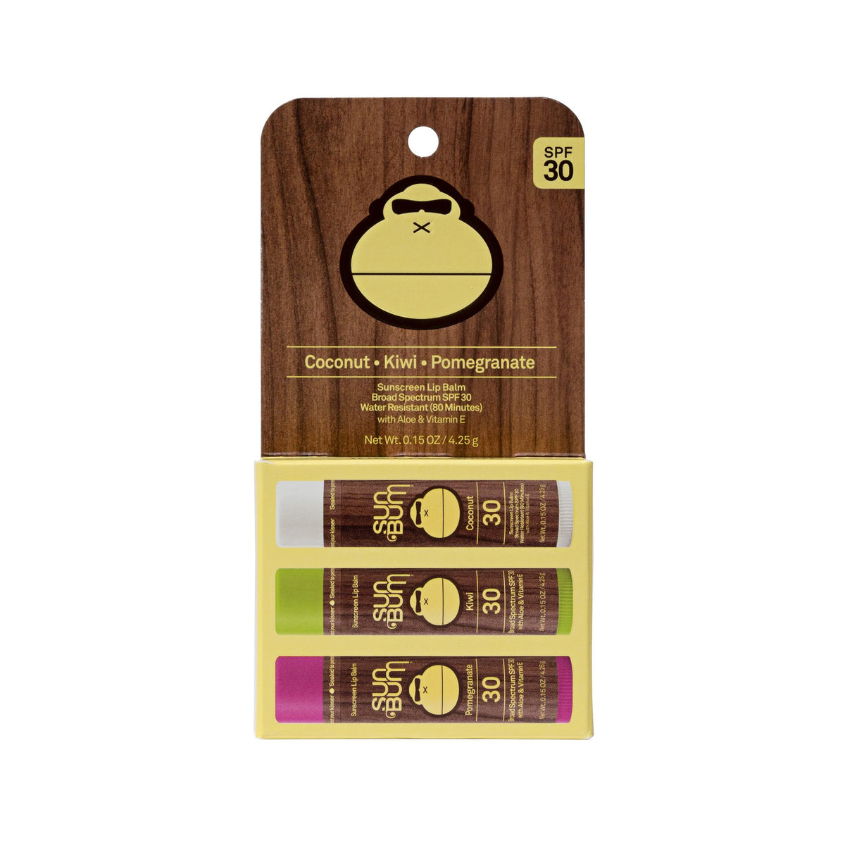 Sun Bum front packaging showing three tropical SPF 30 lip balms protecting lips