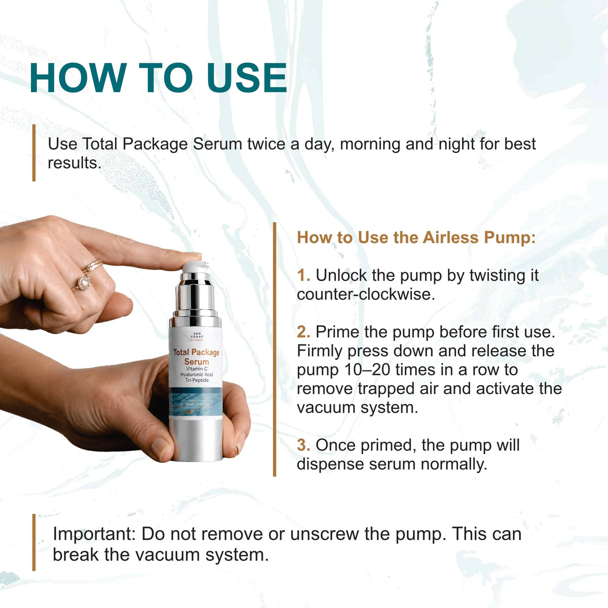 Sun Coast Sciences airless pump detail demonstrating hygienic, preservative protection