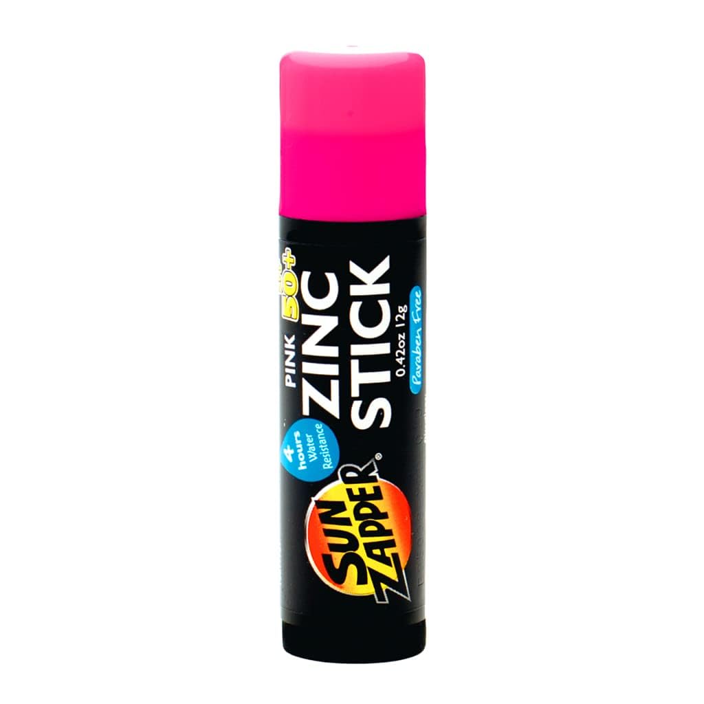 Sun Zapper front packaging showing pink zinc stick and SPF 50+ protection benefits