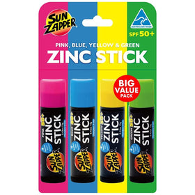 Sun Zapper front rainbow pack showing four colorful zinc sticks and SPF benefit