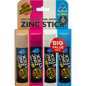 Sun Zapper front packaging showing four SPF 50+ mineral sticks for family protection