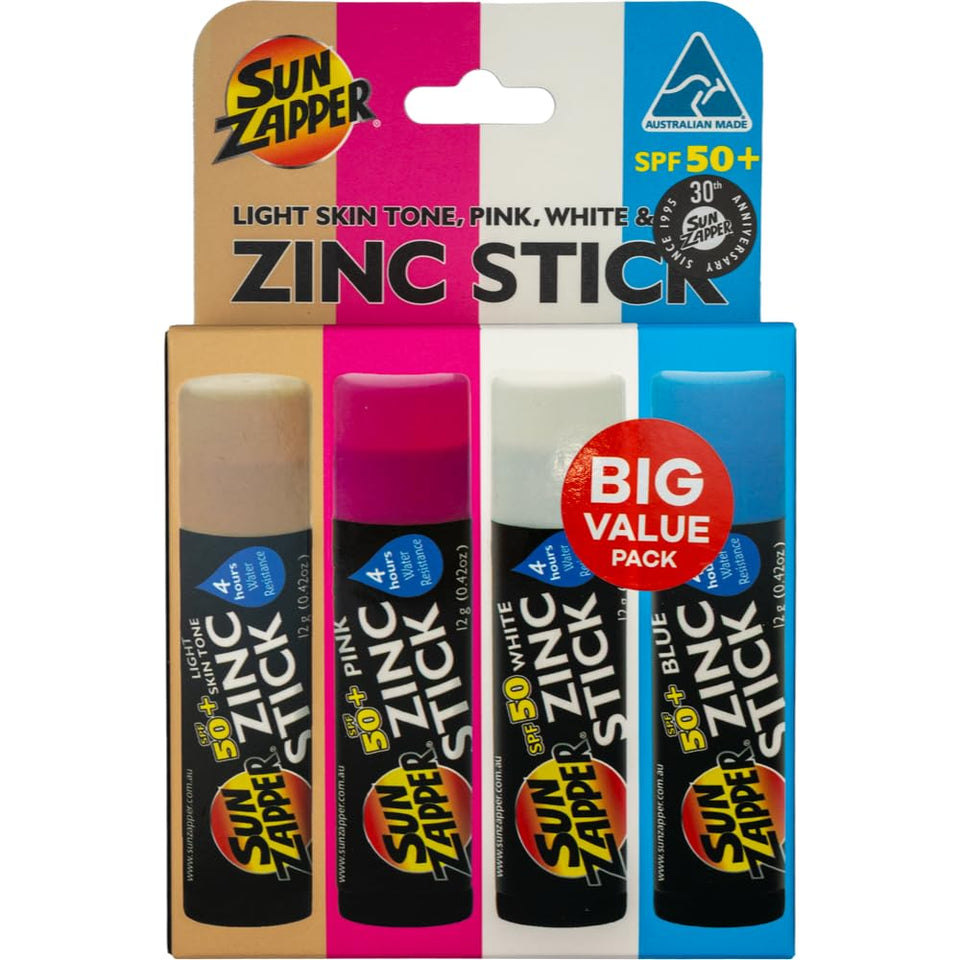Sun Zapper front packaging showing four SPF 50+ mineral sticks for family protection
