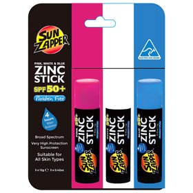 Sun Zapper front packaging showing three colored zinc sticks and SPF benefit