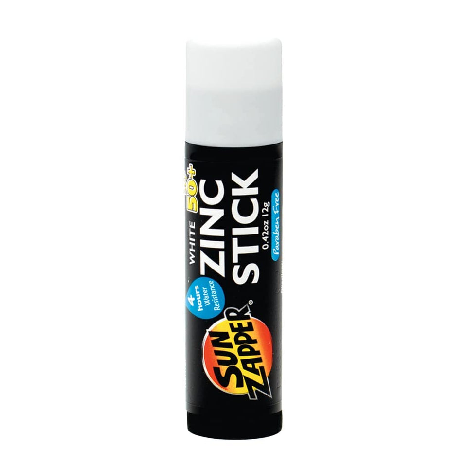 Sun Zapper front stick packaging showing SPF and white zinc benefit