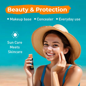 Sun Zapper stick held in hand illustrating travel size and portability benefit